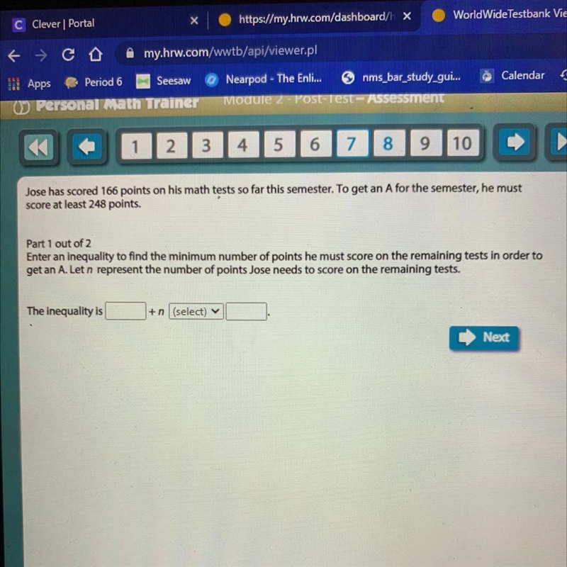 Jose has scored 166 points on his math tests so far this semester. To get an A for-example-1