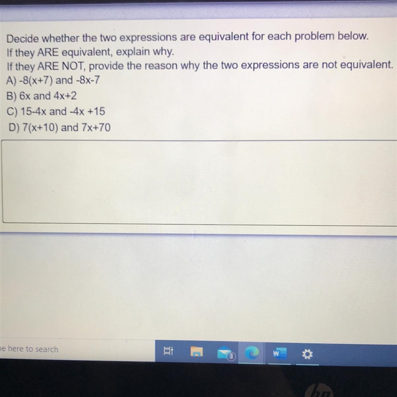 Decide whether the two expressions are equivalent for each problem below. If they-example-1