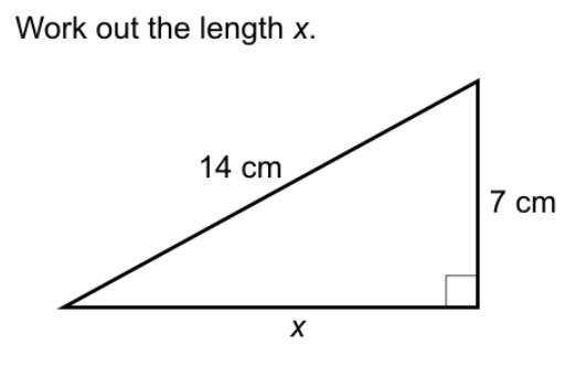 Work out the length x. 14cm, 7cm , right angle triangle-example-1