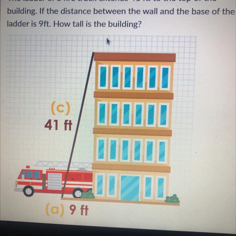 The ladder of a fire truck extends 41 ft. to the top of the building. If the distance-example-1