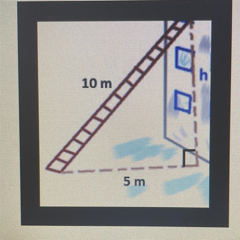 1. Write an equation to determine the height, h, of the building. Answer: 5^2 +h^2 = 102 2. To-example-1