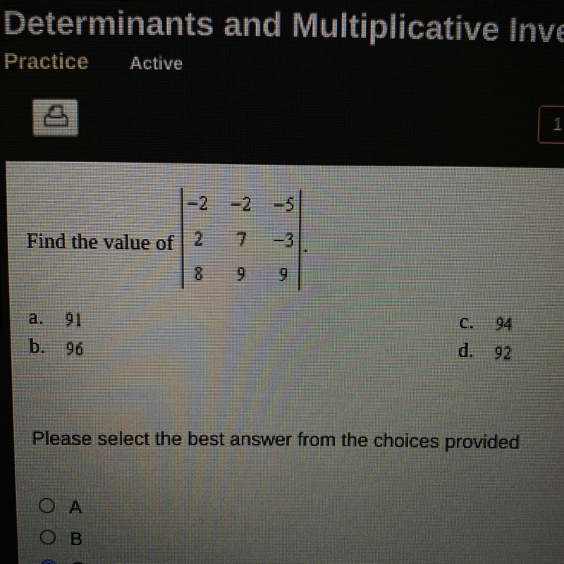 Find the value of... a. 91 b. 96 c. 94 d. 92-example-1