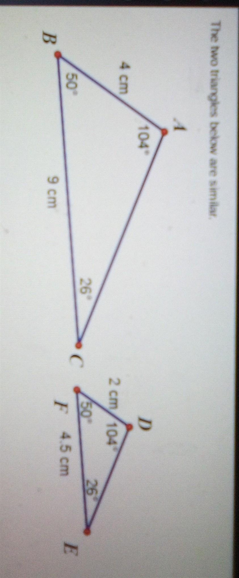 PLZ HURRY The two triangles below are similar. What is the ratio of the corresponding-example-1