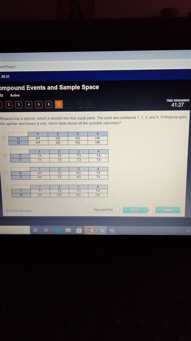 If Rhianna spins the spinner and tosses a coin,which table shows all possible outcomes-example-1