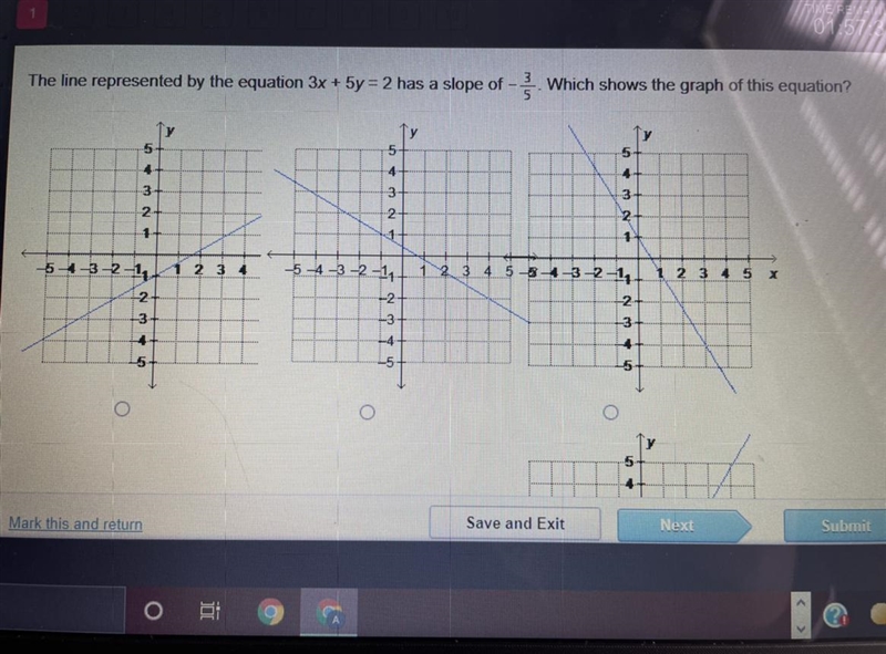 PLEASE HELP!! TIMED!! The line represented by the equation 3x + 5y = 2 has a slope-example-1