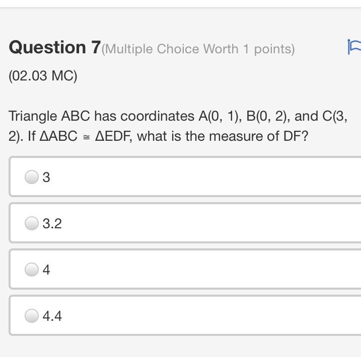 Triangle ABC has coordinates A(0, 1), B(0, 2), and C(3, 2). If ΔABC ≅ ΔEDF, what is-example-1