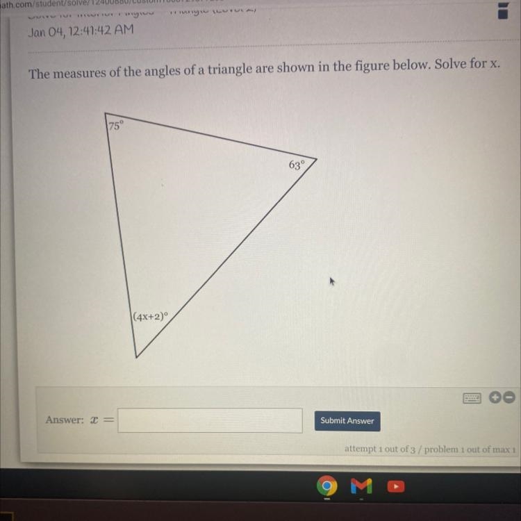 Jan 04, 12:41:42 AM The measures of the angles of a triangle are shown in the figure-example-1