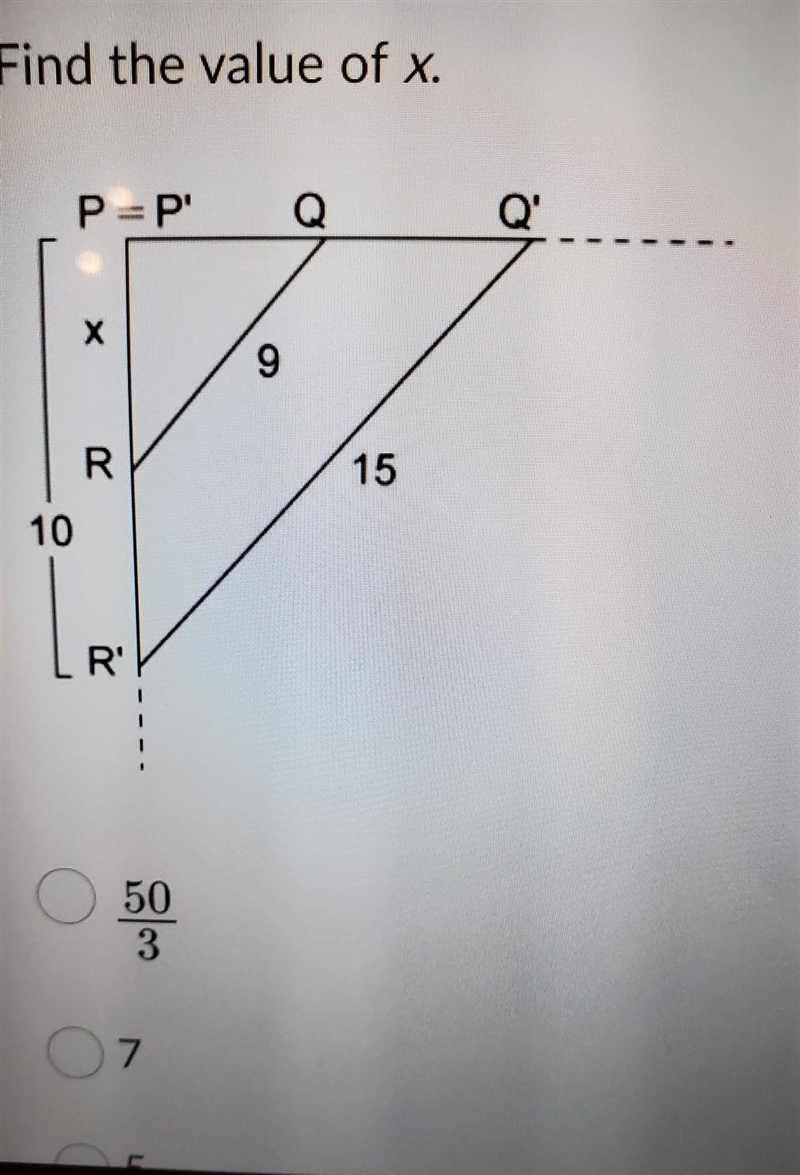 Find the value of x. asnswers 50/3 7 5 6​-example-1