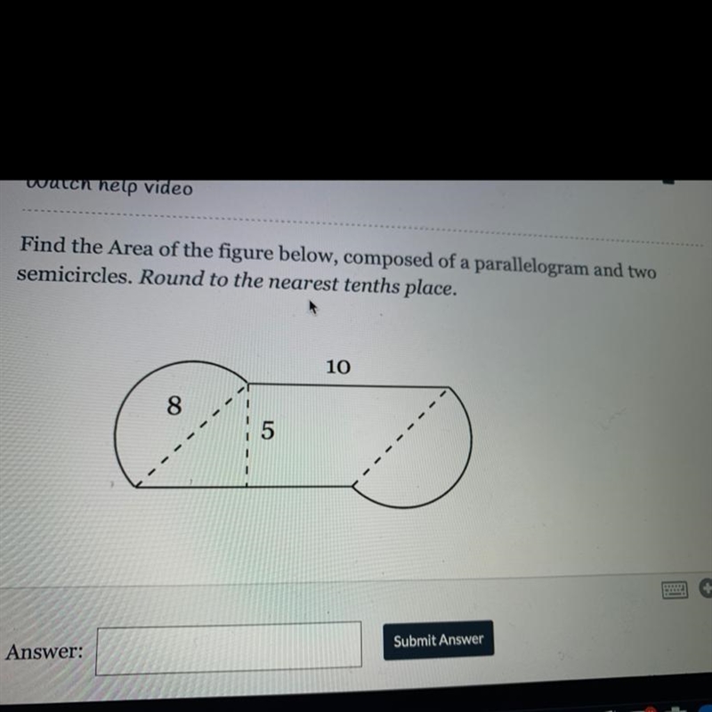 Find the Area of the figure below, composed of a parallelogram and two semicircles-example-1