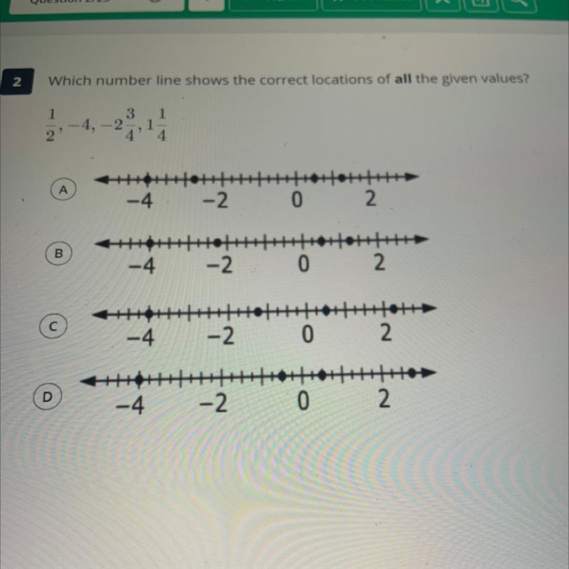 PLEASEEEEE HELPPPPP Which number line shows the correct locations of all the given-example-1