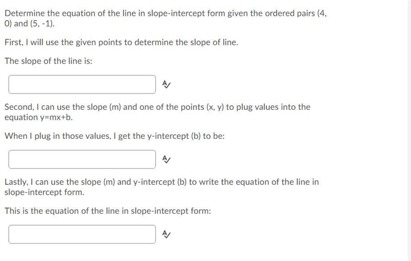 Determine the equation of the line in slope-intercept form given the ordered pairs-example-1