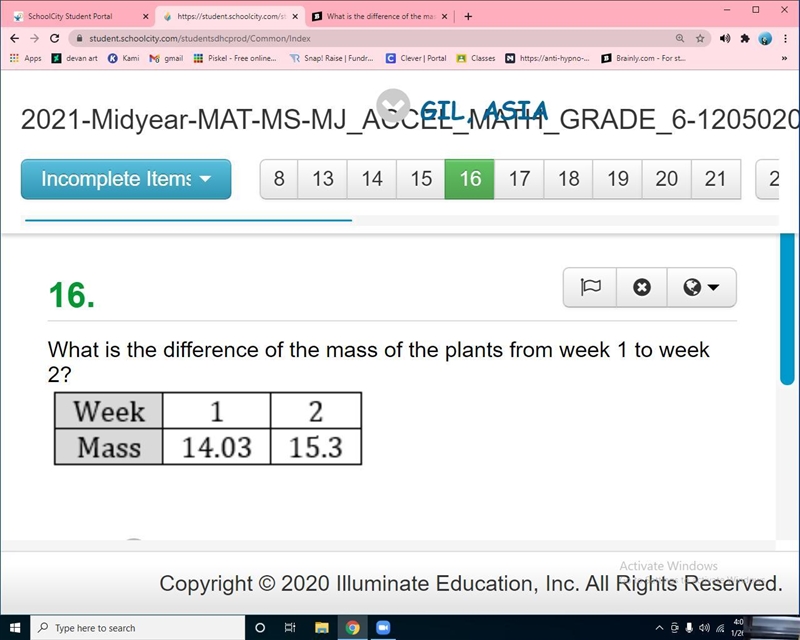 What is the difference of the mass of the plants from week 1 to week 2? A.1.0 B.1.27 C-example-1