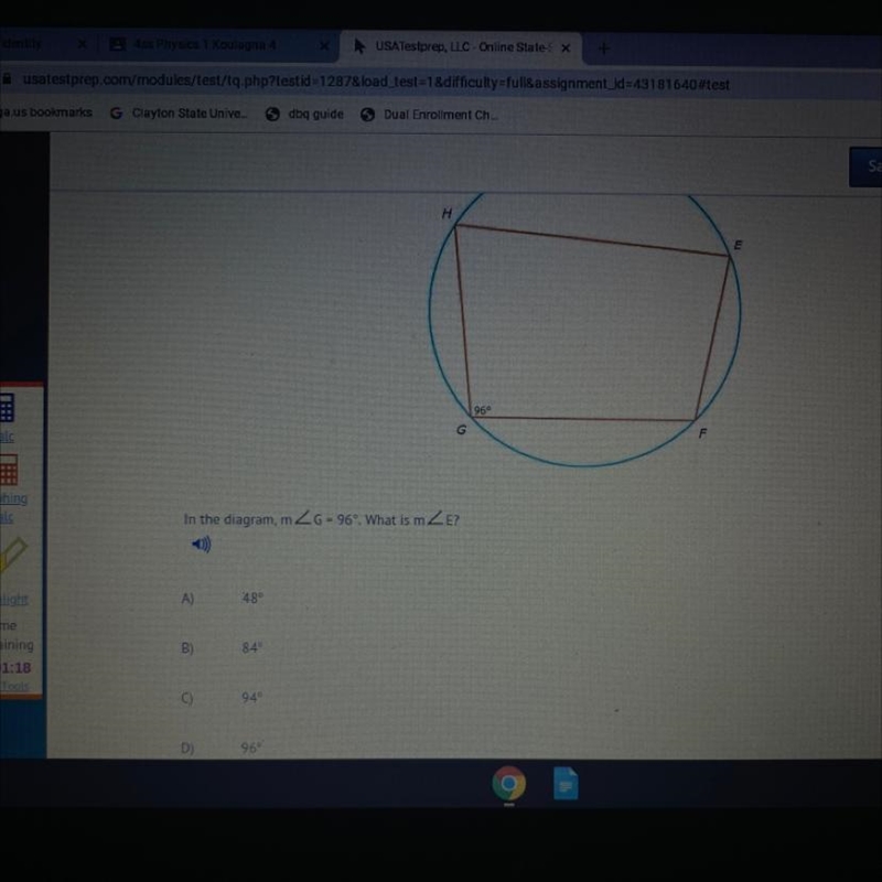 HELP!!! in the diagram m ∠ g=96. what is m ∠E-example-1