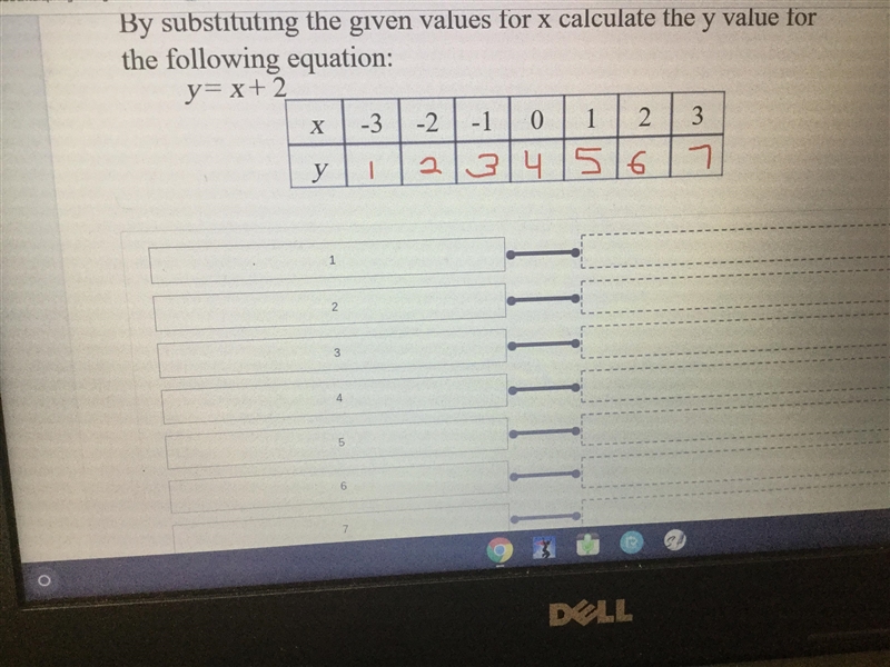 By substituting the given values for x calculate the y value for the following equation-example-1