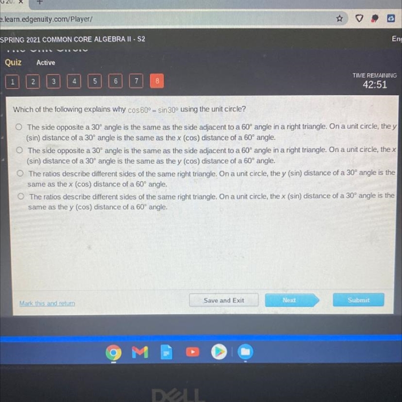 Which of the following explains why cos60º = sin 30° using the unit circle-example-1