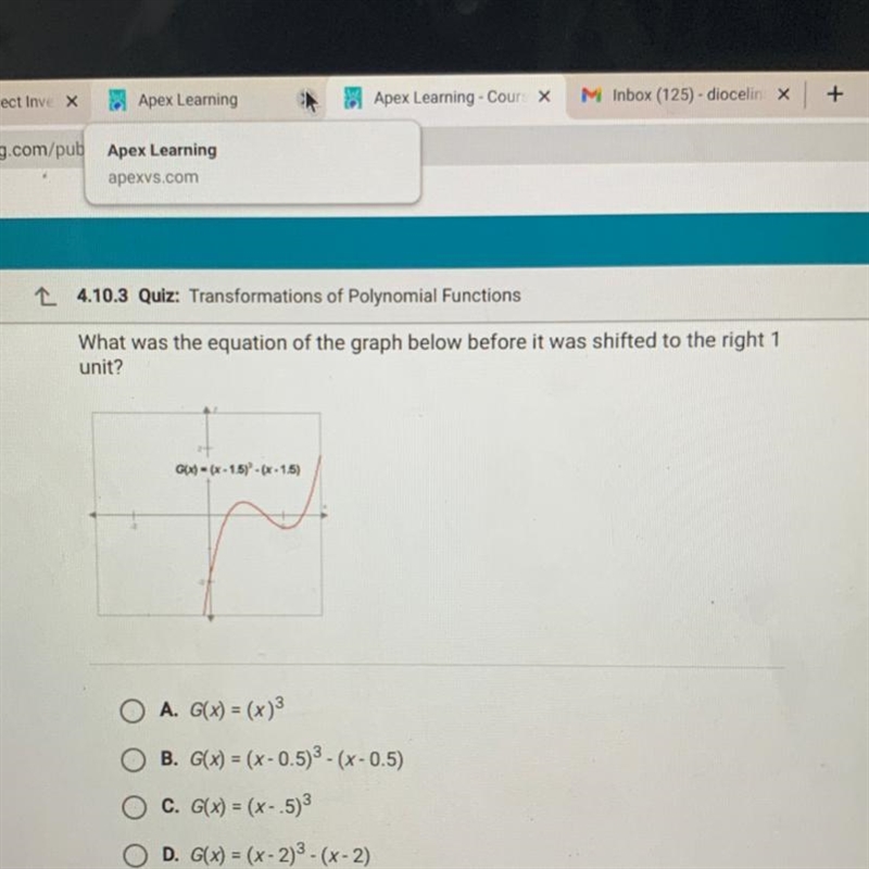 Question What was the equation of the graph below before it was shifted to the right-example-1