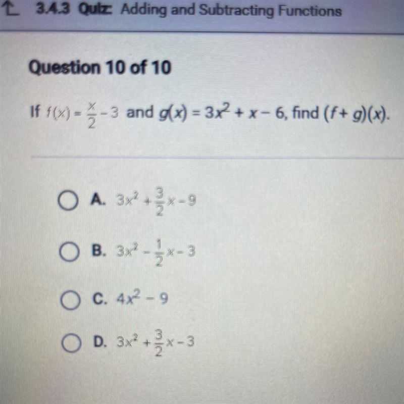 If f(x) = x/2 -3 and g(x) = 3x2 +x-6 find (f+g) (x)-example-1