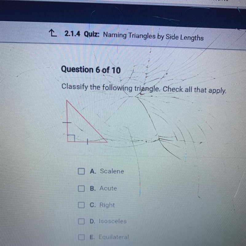 Classify the following triangle. Check all that apply.-example-1