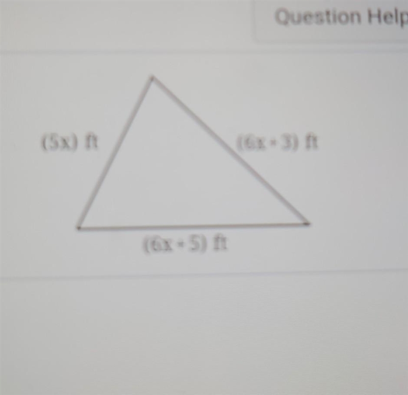 The perimeter of the triangle shown to the right is 144 feet. Find the length of each-example-1