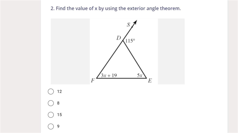 Find the value of x by using the exterior angle theorem.-example-1