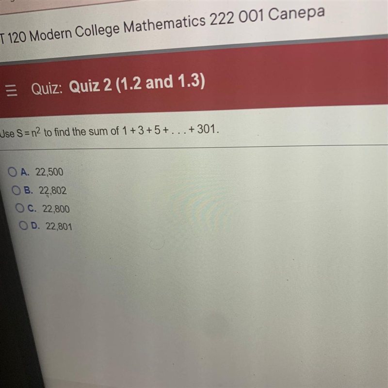 Use S=n2 to find the sum of 1+3+5+. . . + 301.-example-1