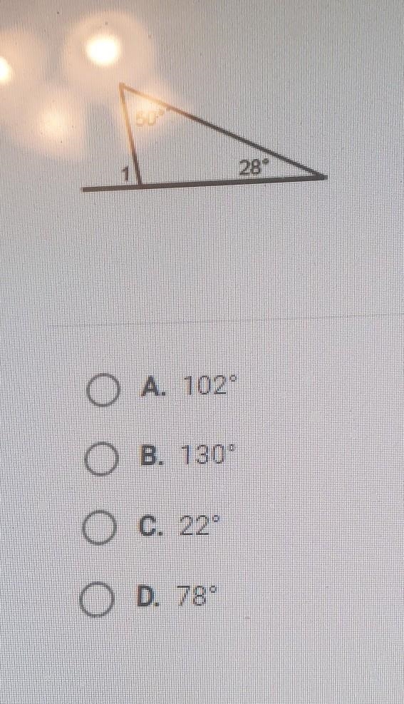 Find the measure of the exterior angle 1. with one angle is 50 degrees and 28 degrees-example-1