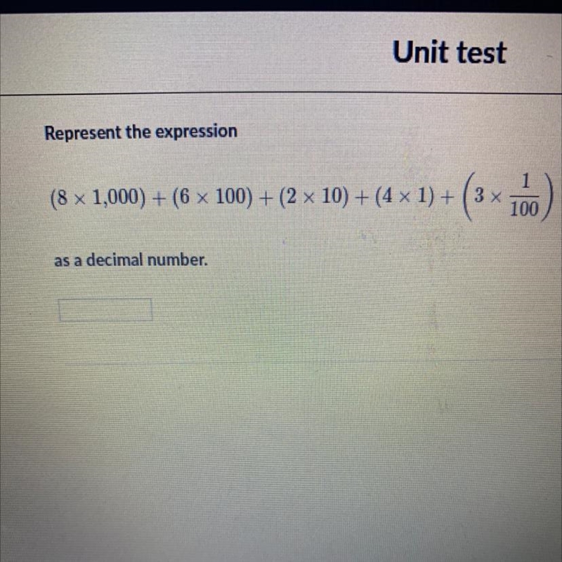 Help plz (8 x 1,000) + (6 x 100)+(2x10)+(4x1)+(3x1/100) as a decimal-example-1