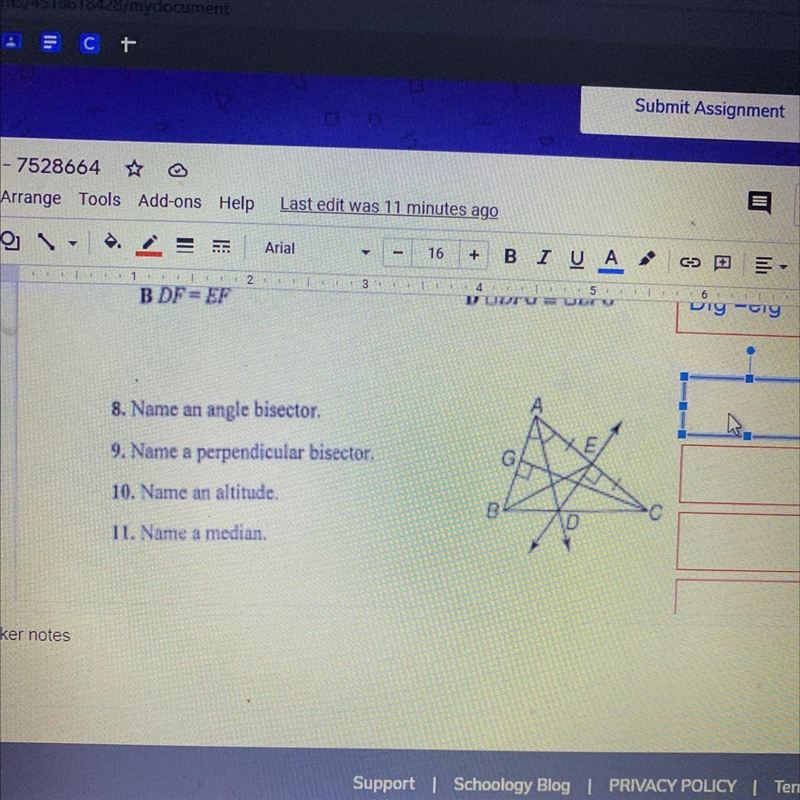 8. name an angle bisector 9. name a perpendicular bisector 10. name an altitude 11. name-example-1