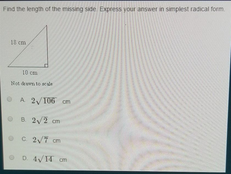 Find the length of the missing side. Express your answer in simplest radical form-example-1