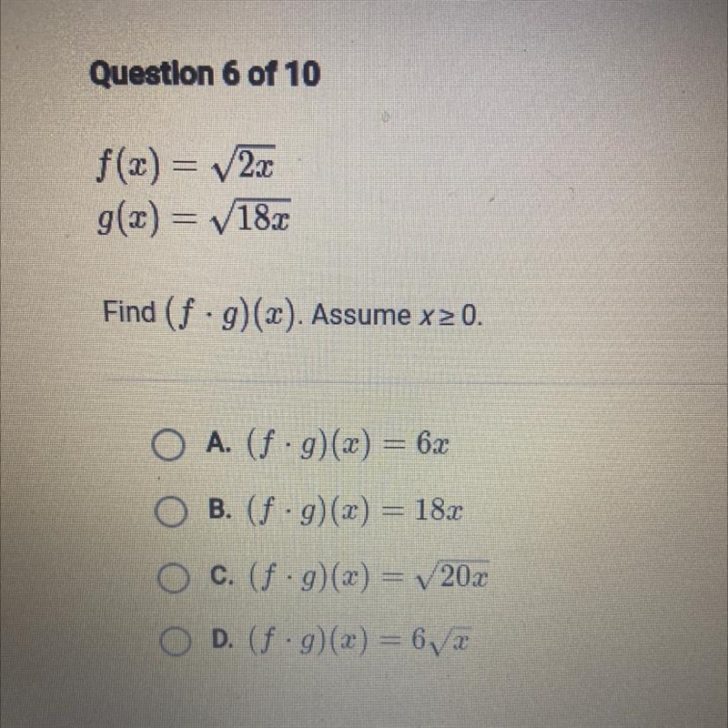 F(x)= square root 2x g(x)= square root 18x find (f * g) (x). Assume x>0-example-1