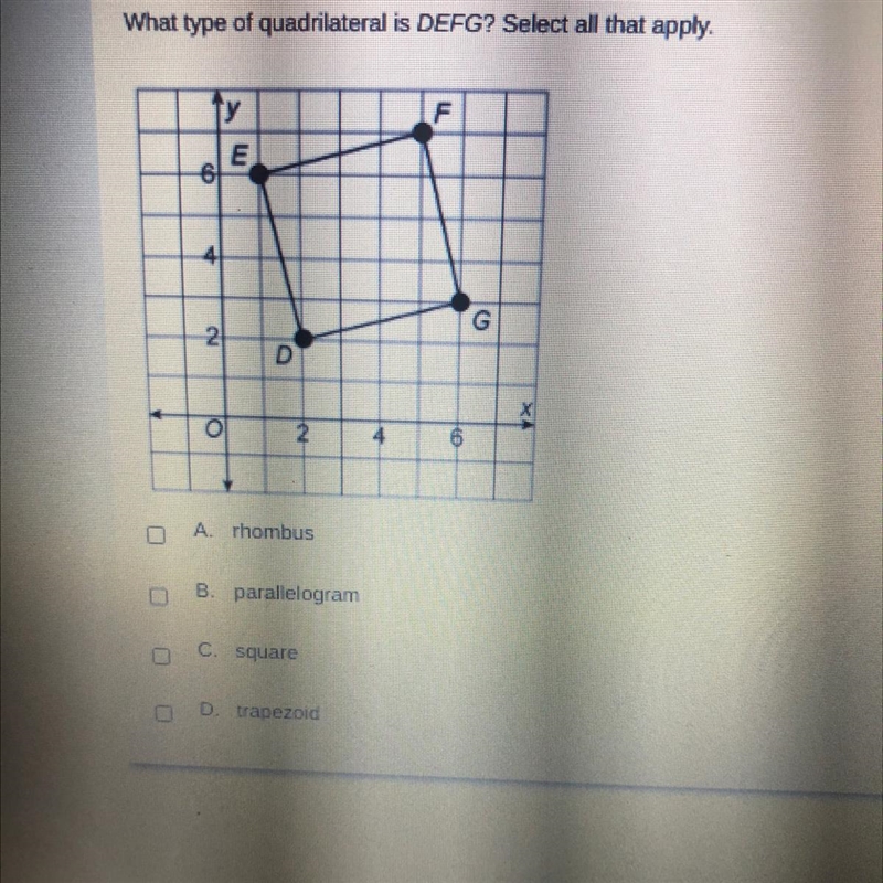 What type of quadrilateral is DEFG? Select all that apply. ty F E 6 2 G 2 D o 2 A-example-1