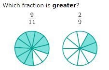 Which fraction is greater? A. 9/11 B. 2/9 C. Neither; they are equal Answer this, please-example-1