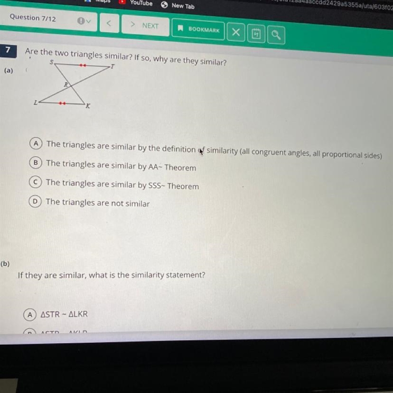 7 Are the two triangles similar? If so, why are they similar? (a) A The triangles-example-1