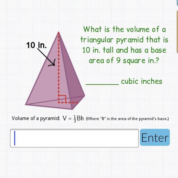 What is the volume of a triangular pyramid that is 10 in. tall and has a base area-example-1