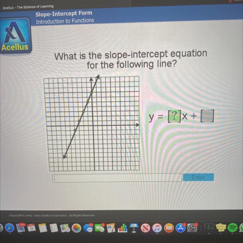 What is the slope-intercept equation of the following line?-example-1