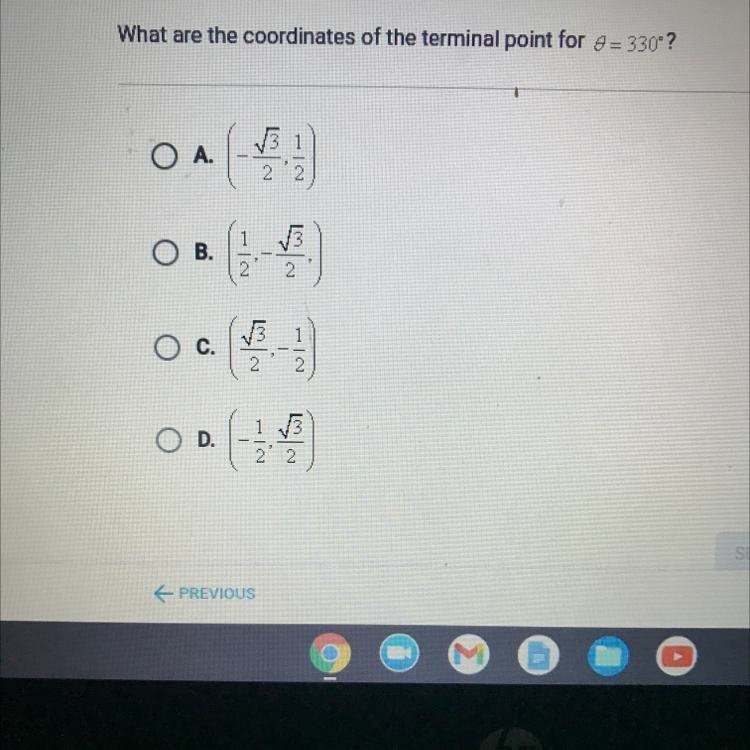 What are the coordinates of the terminal point for 8 = 330°? 1 A. - I 22 1 V3 O B-example-1