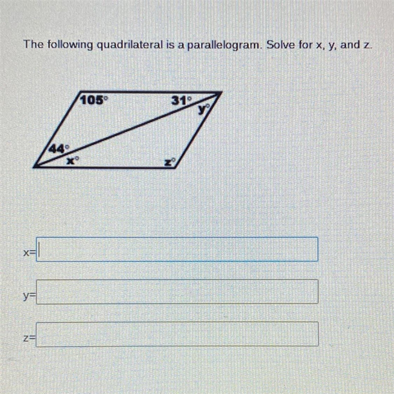 The following quadrilateral is a parallelogram. Solve for x, y, and z.-example-1