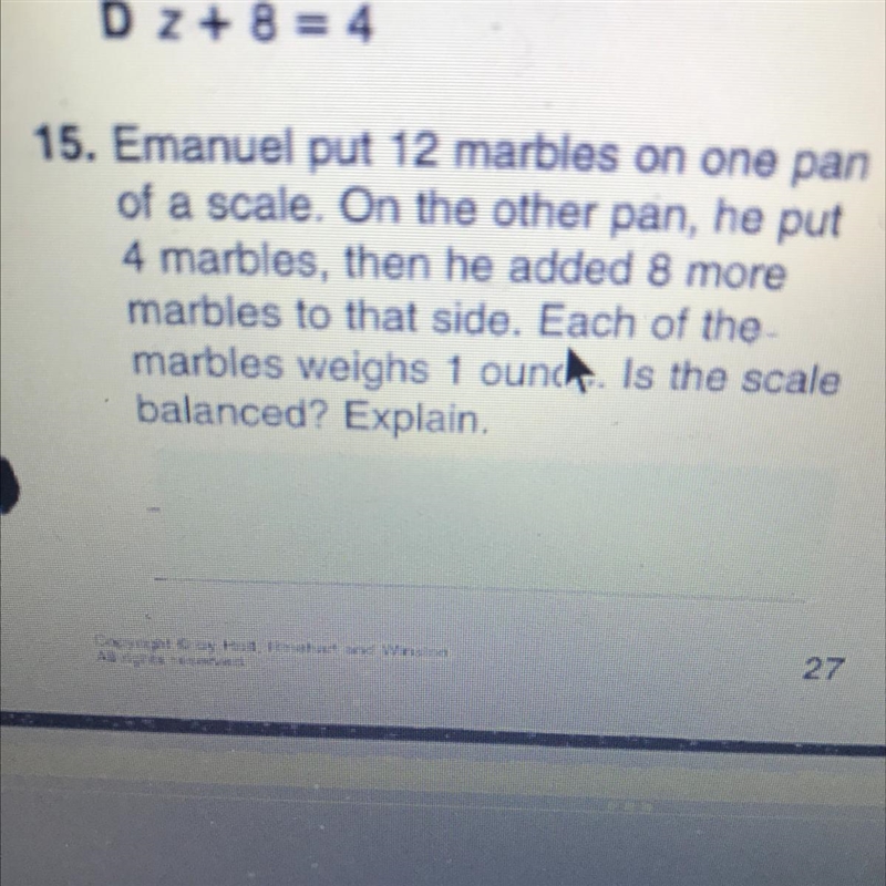 91 points need help now . Emanuel put 12 marbles on one pan of a scale. On the other-example-1