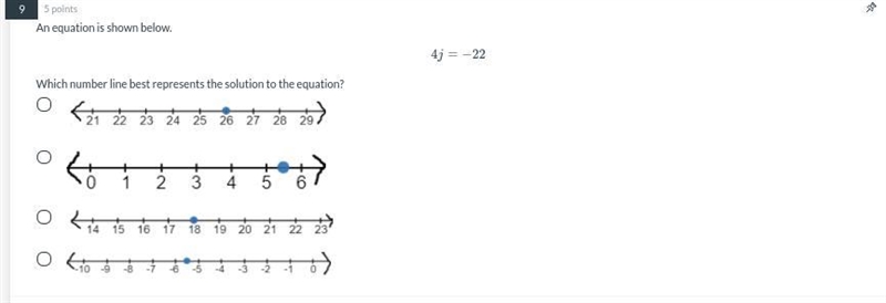 An equation is shown below. 4j=-22 Which number line best represents the solution-example-1