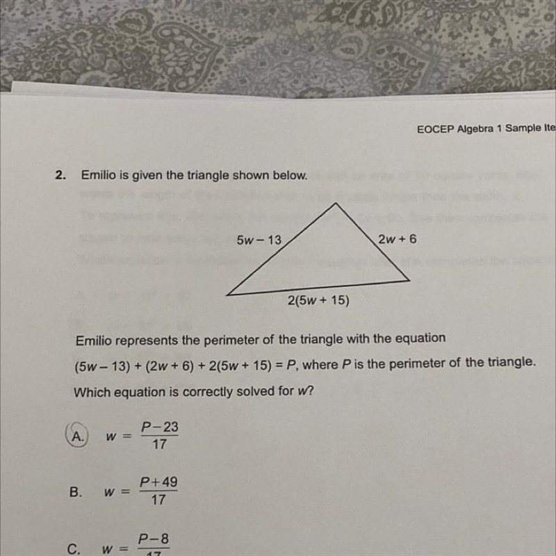 Emilio represents the perimeter of the triangle with the equation (5w - 13) + (2w-example-1