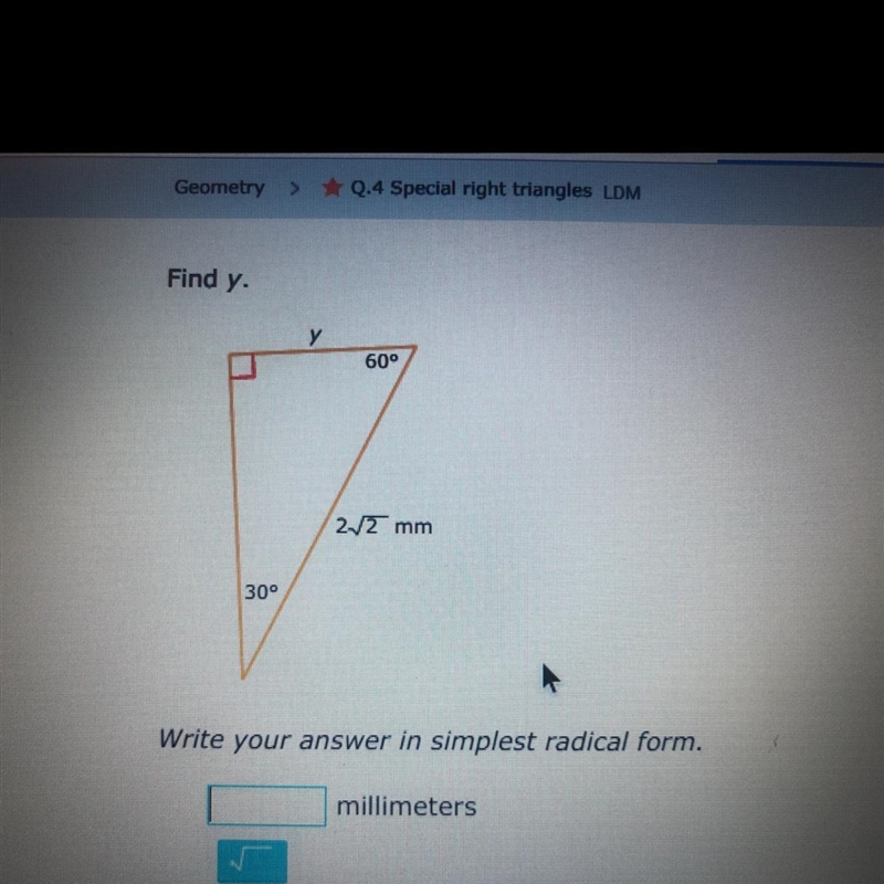 Find Y Special right triangles Please last question of the day!! Due very soon-example-1