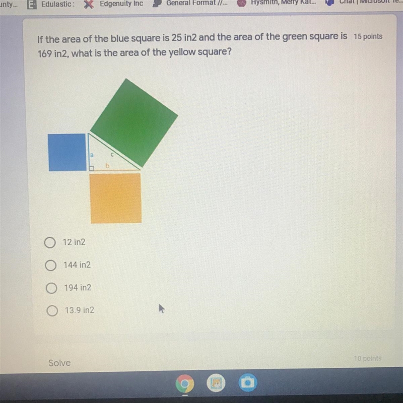 If the area of the blue square is 25 in2 and the area of the green square is 15 points-example-1