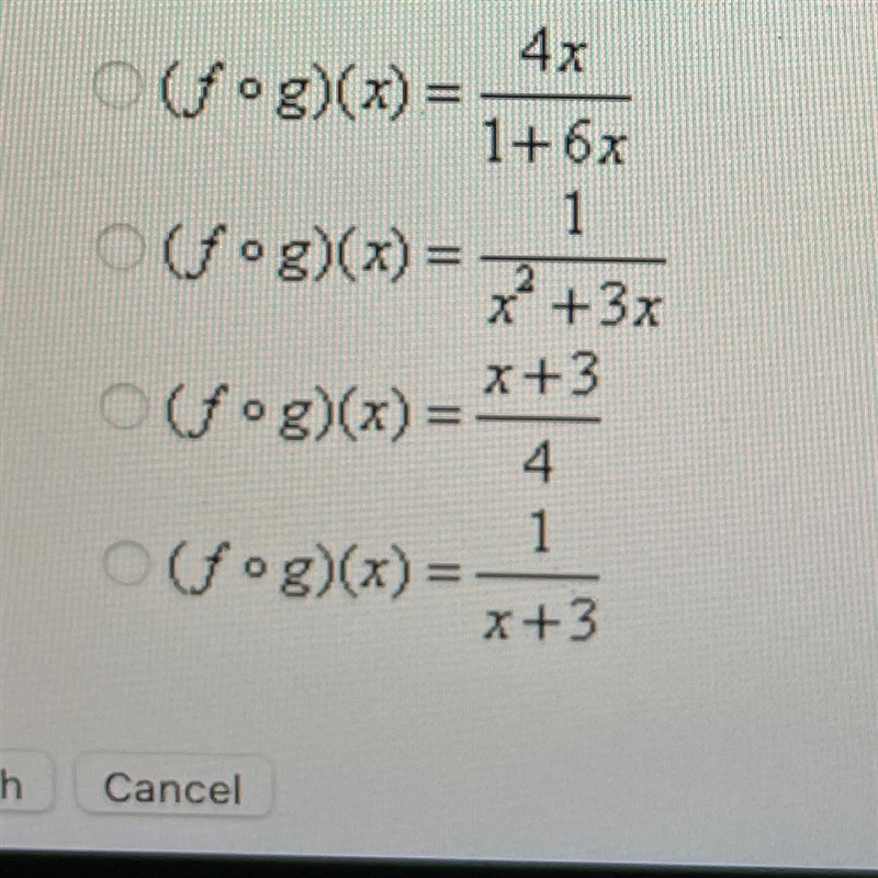 Find (fog)(x) when f(x)=2/x+3 and g(x)=1/2x Any help is appreciated :)-example-1