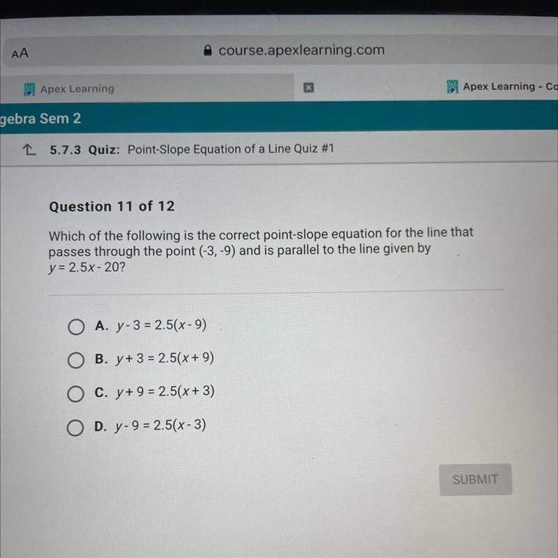 Which of the following is the correct point-slope equation for the line that passes-example-1