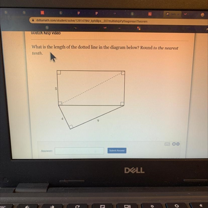 What is the length of the dotted line in the diagram below? Round to the nearest tenth-example-1