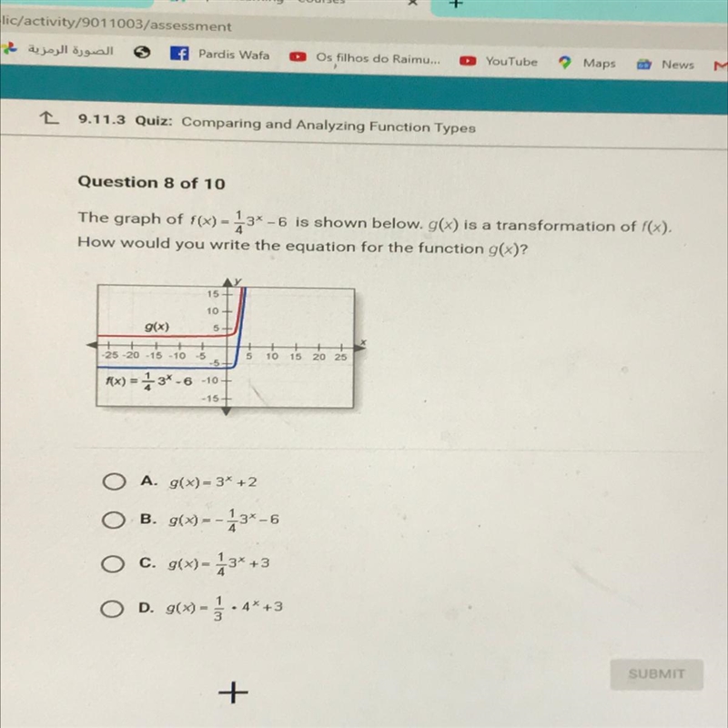 The graph of f(x) - 3* -6 is shown below. g() is a transformation of f(x). How would-example-1