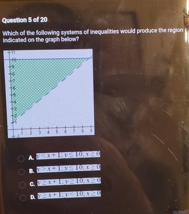 Which of the following systems of inequalities would produce the region indicated-example-1