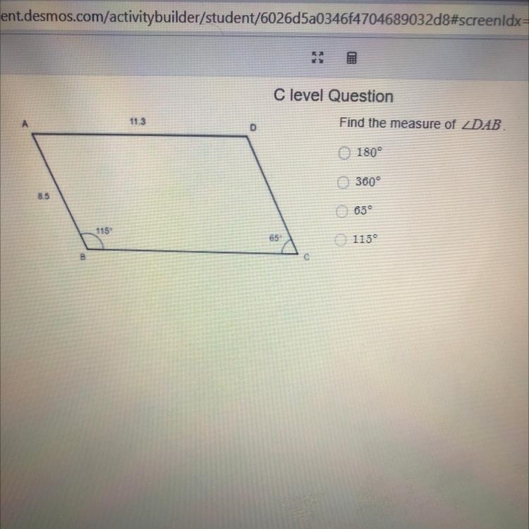 Clevel Question 113 Find the measure of ZDAB D 180 360° 8.3 65 115 65 115-example-1