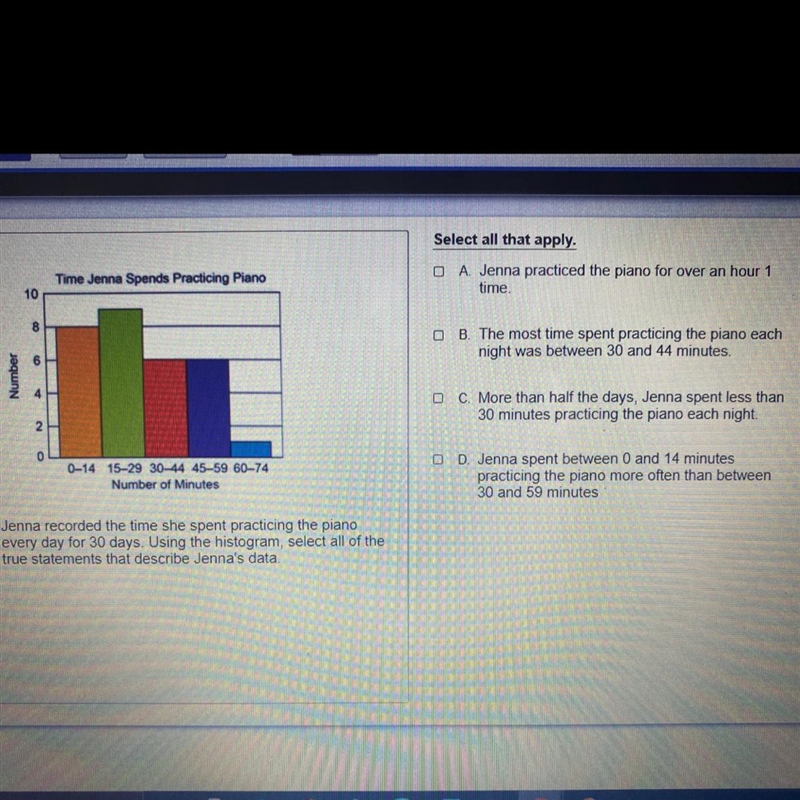 Jenna recorded the time she spent practicing the piano every day for 30 days. Using-example-1