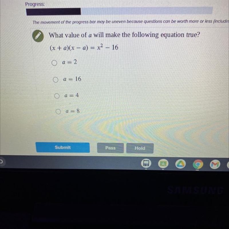 What value of a will make the following equation true? (x + a)(x – a) = x2 – 16 a-example-1